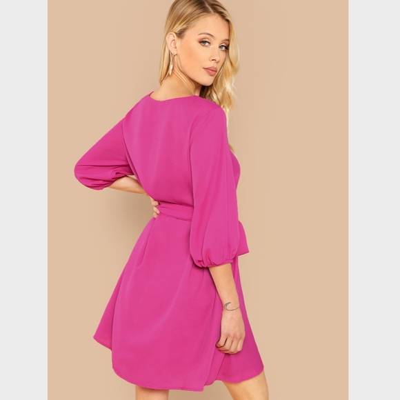 Lantern Sleeve Tie Belted Fuchsia Hot Pink Dress - Picture 5 of 7